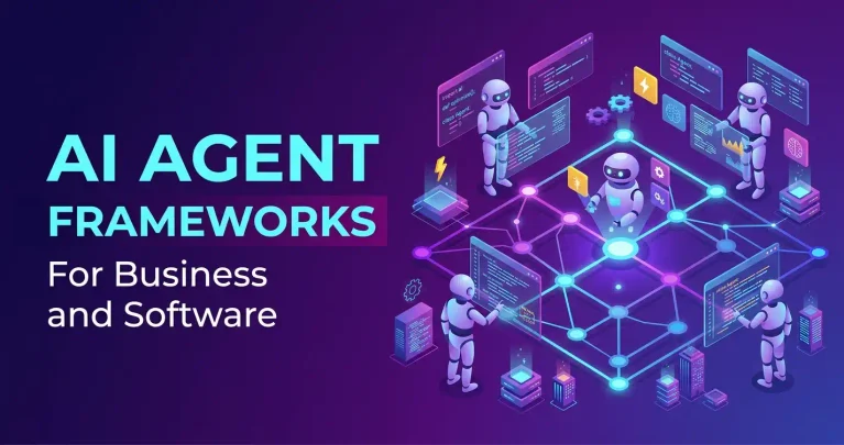 Illustration of AI agent robots linked in a network with code windows, with the title AI Agent Frameworks for Business and Software