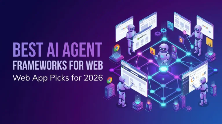 Illustration of a browser window linked to AI agent robots, with the title Best AI Agent Frameworks for Web