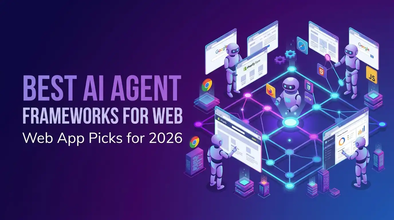 Illustration of a browser window linked to AI agent robots, with the title Best AI Agent Frameworks for Web